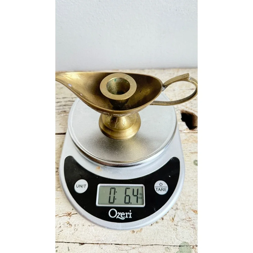 Vintage Etched Brass Genie Lamp Taper Candle Holder Boho Decor 6.25 Inch